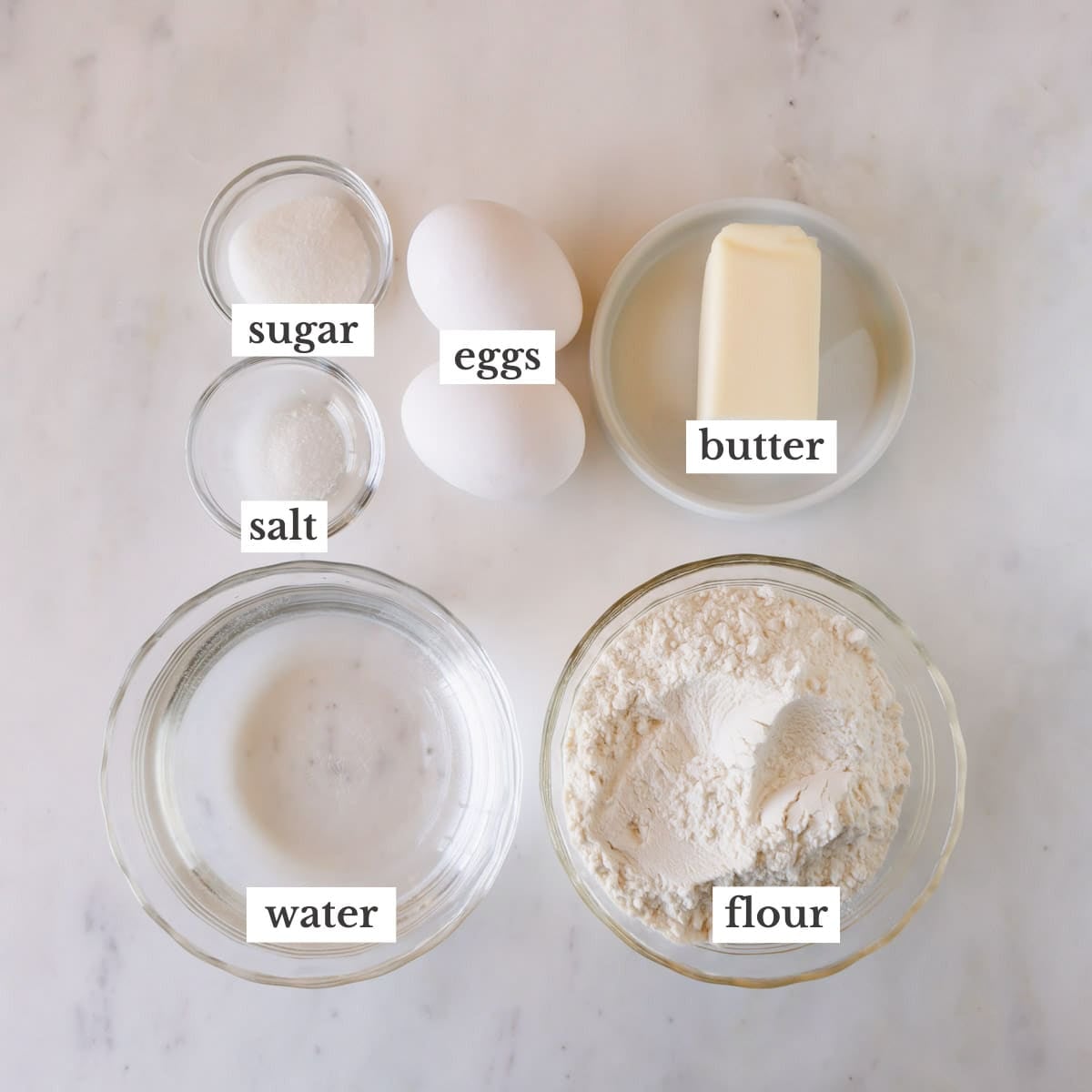 Ingredients to make creme puff dough.