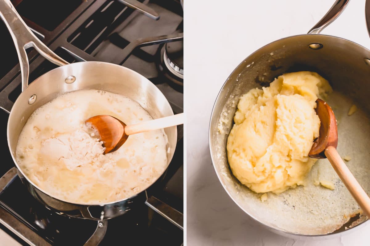 Dough ingredients being combined in a pot on the stove.