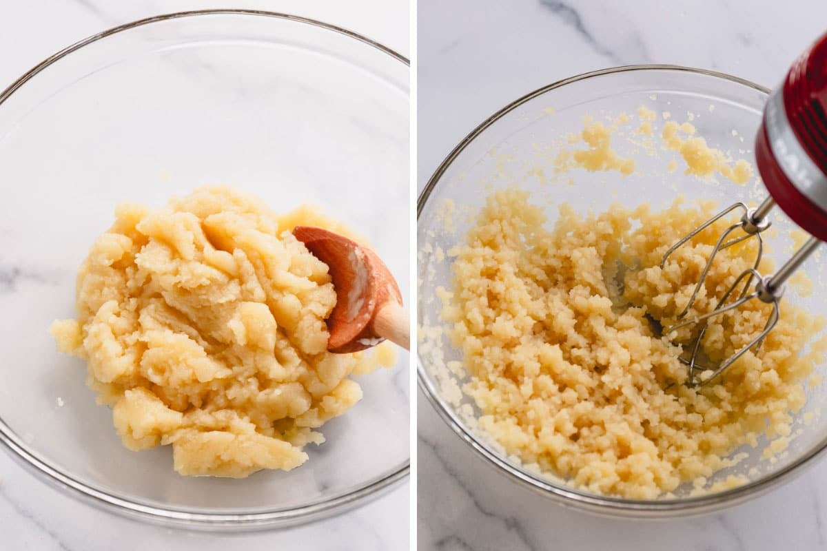 Dough being mixed in a bowl.