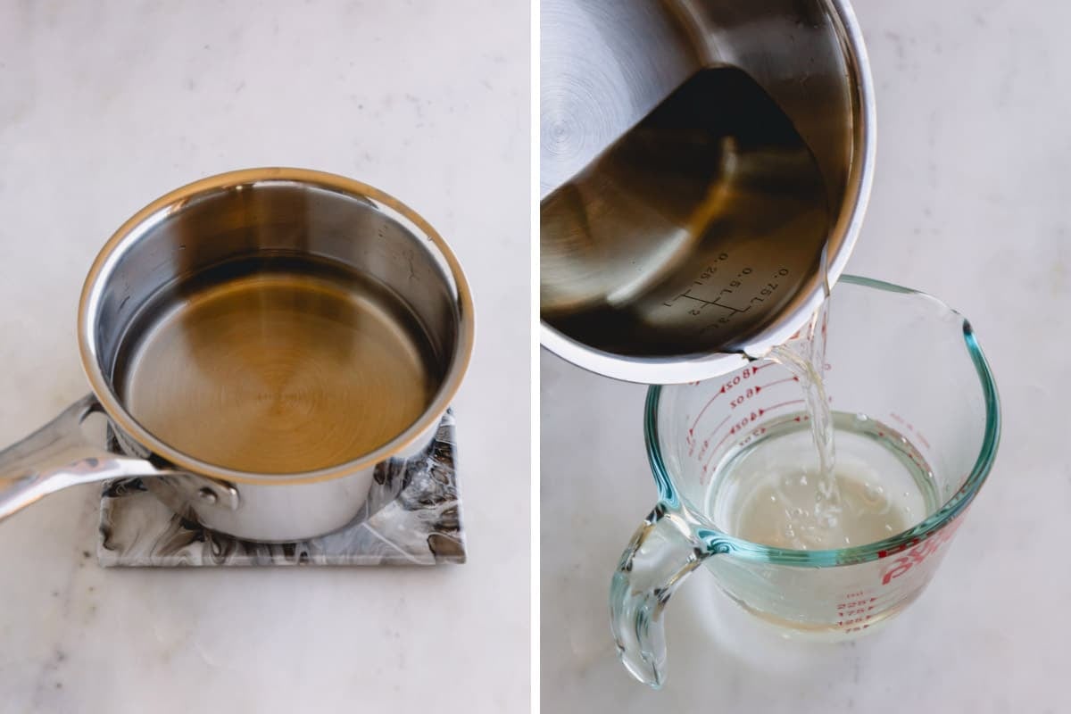 Two images showing the process of making simple syrup and pouring it into a glass measuring cup.