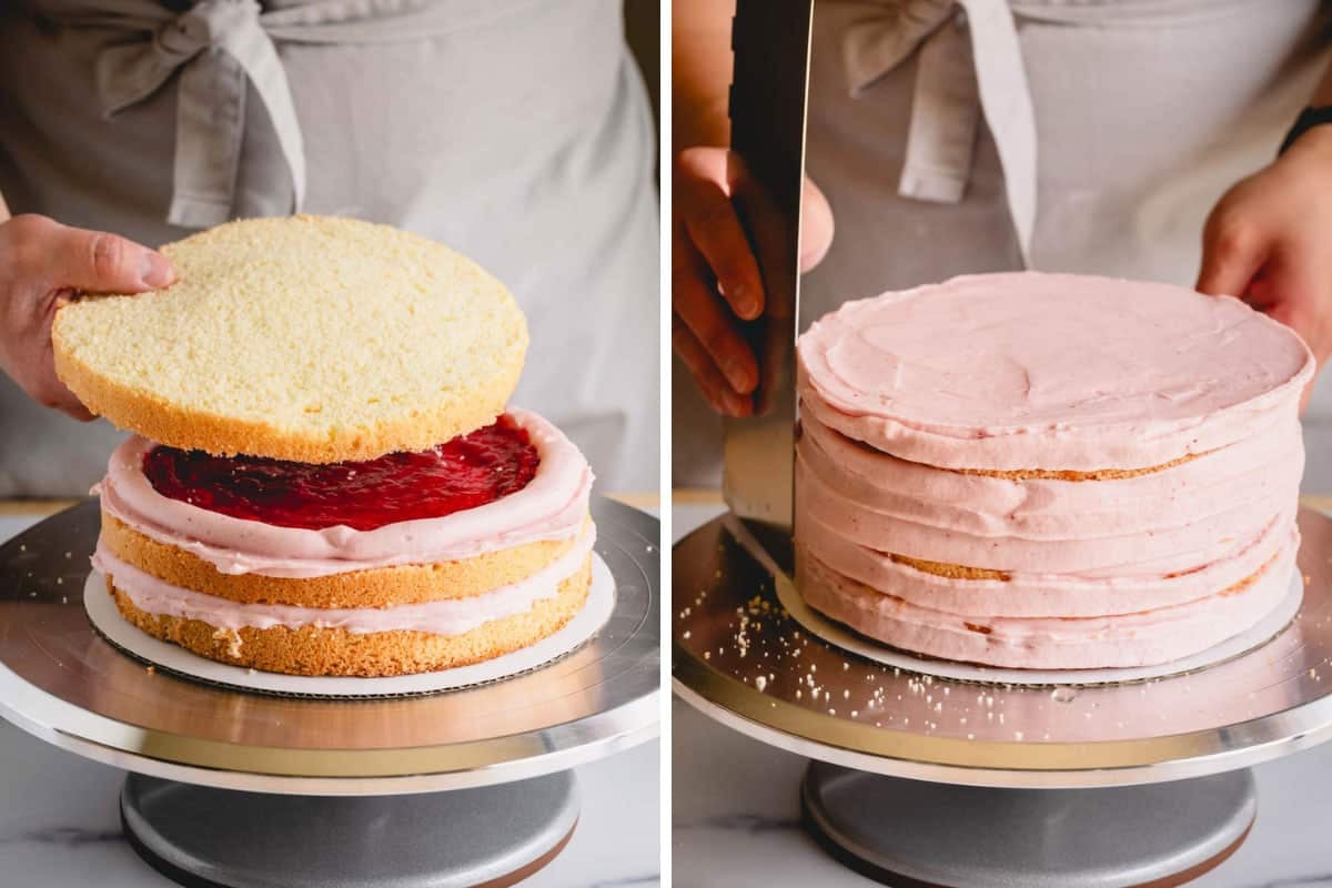 A third layer of sponge cake being placed on a raspberry layer cake and raspberry frosting being smoothed on top.