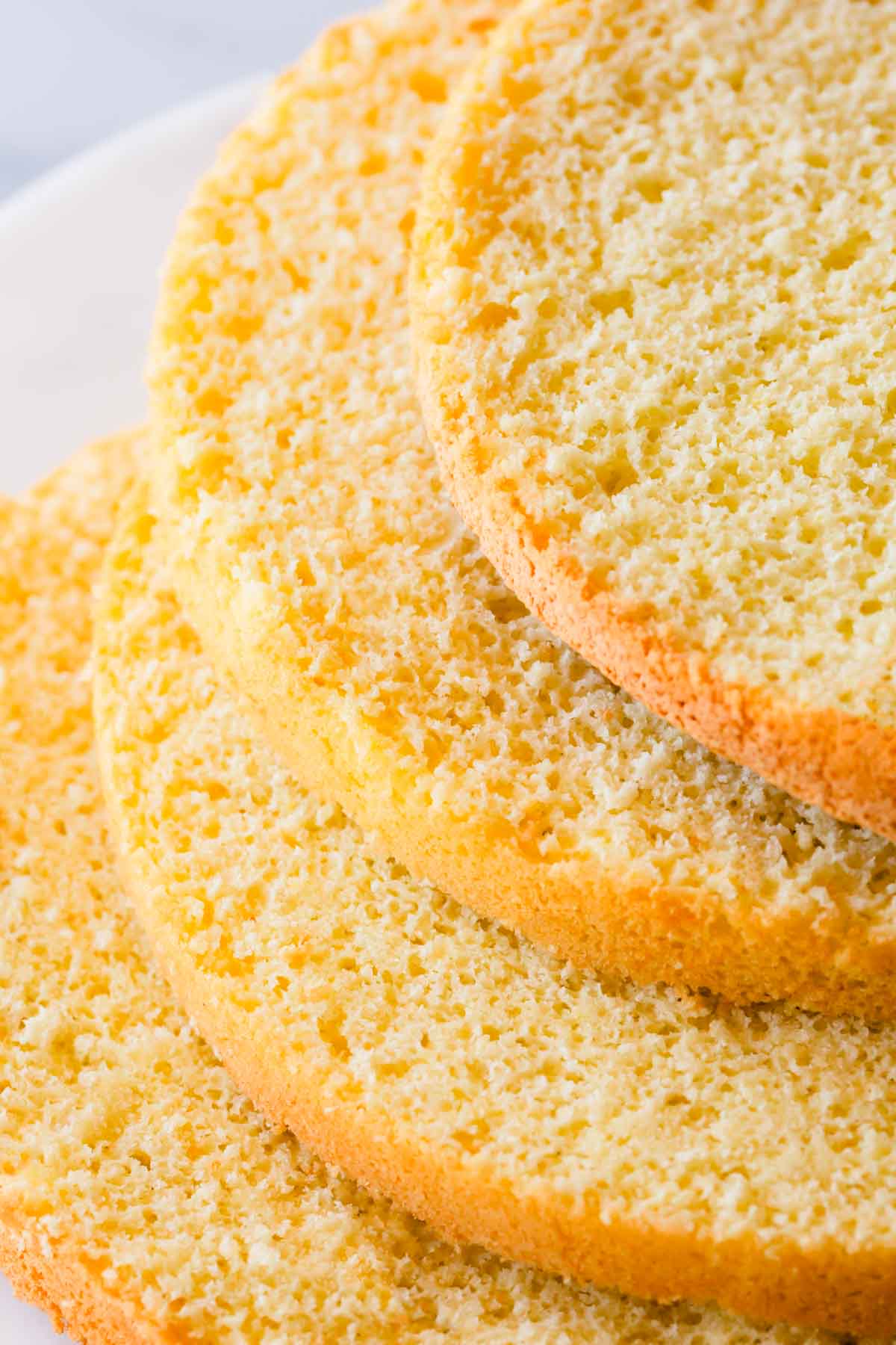 Close up image of four sponge cake layers.