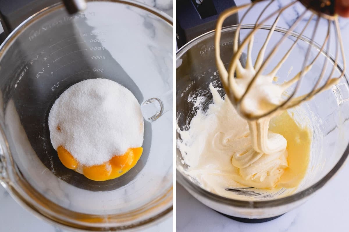 Eggs and sugar being combined with a stand mixer.