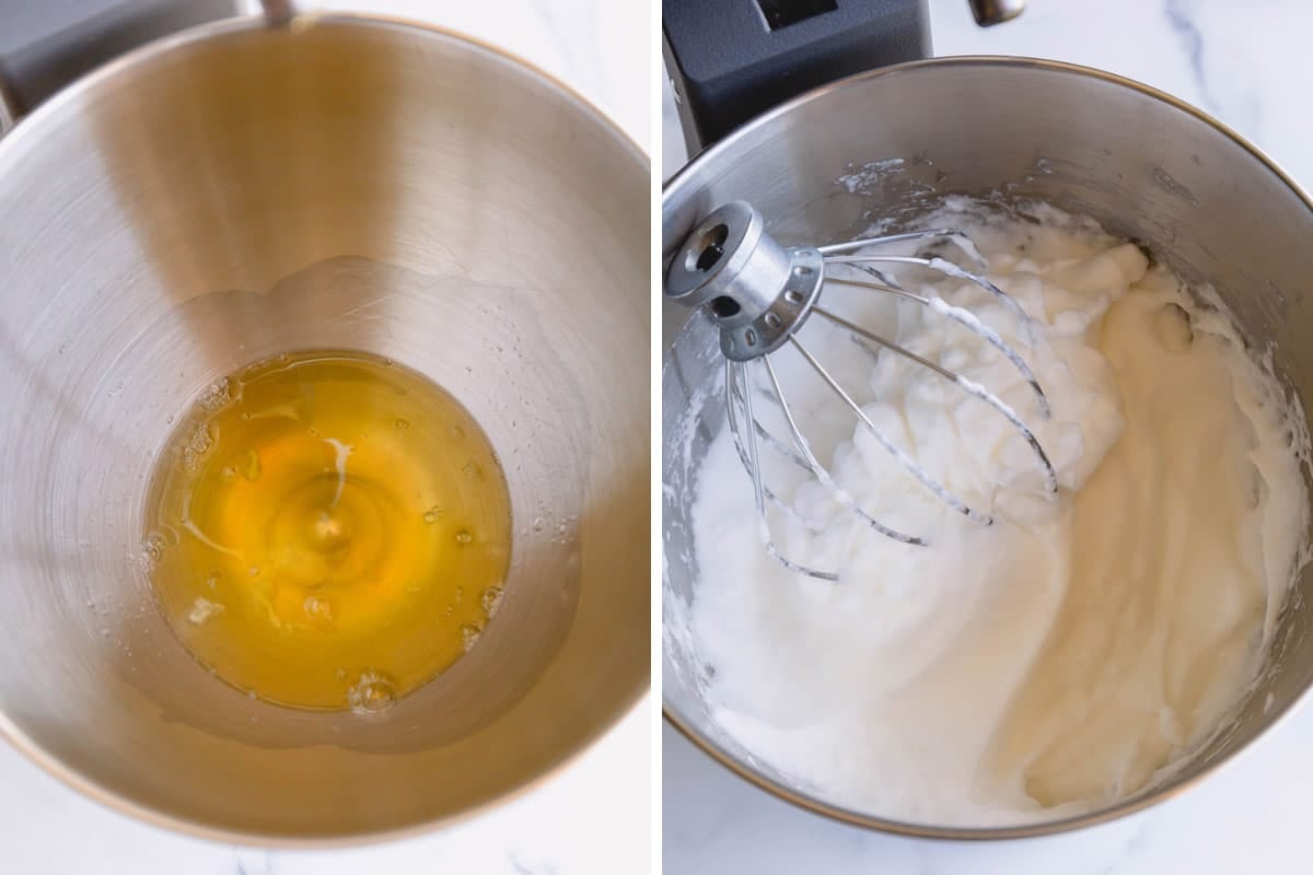 Egg whites being whipped with a stand mixer.