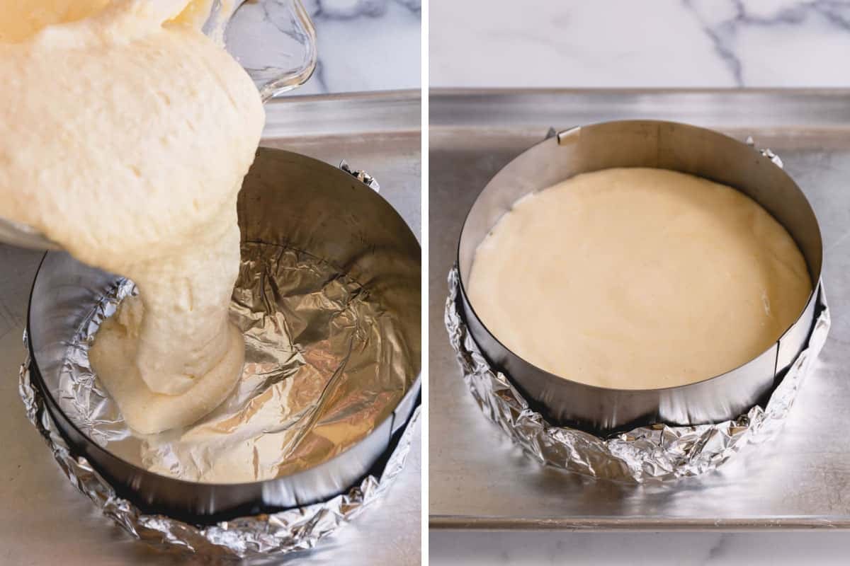 Sponge cake batter being poured into a round cake pan wrapped with aluminum foil.