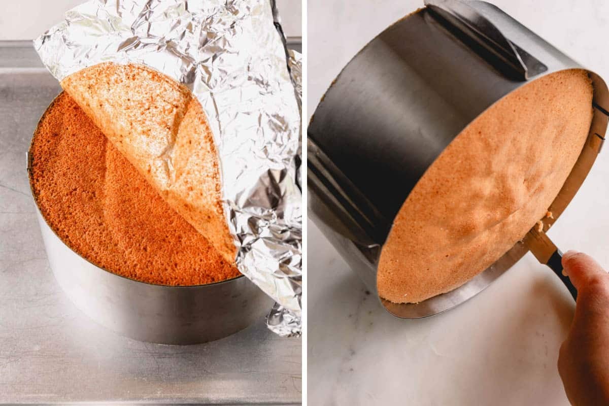 Sponge cake being removed from a cake pan.