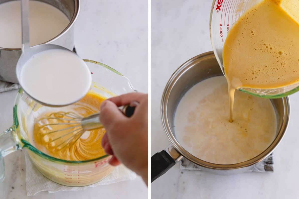 An egg mixture being tempered with milk in a saucepot.