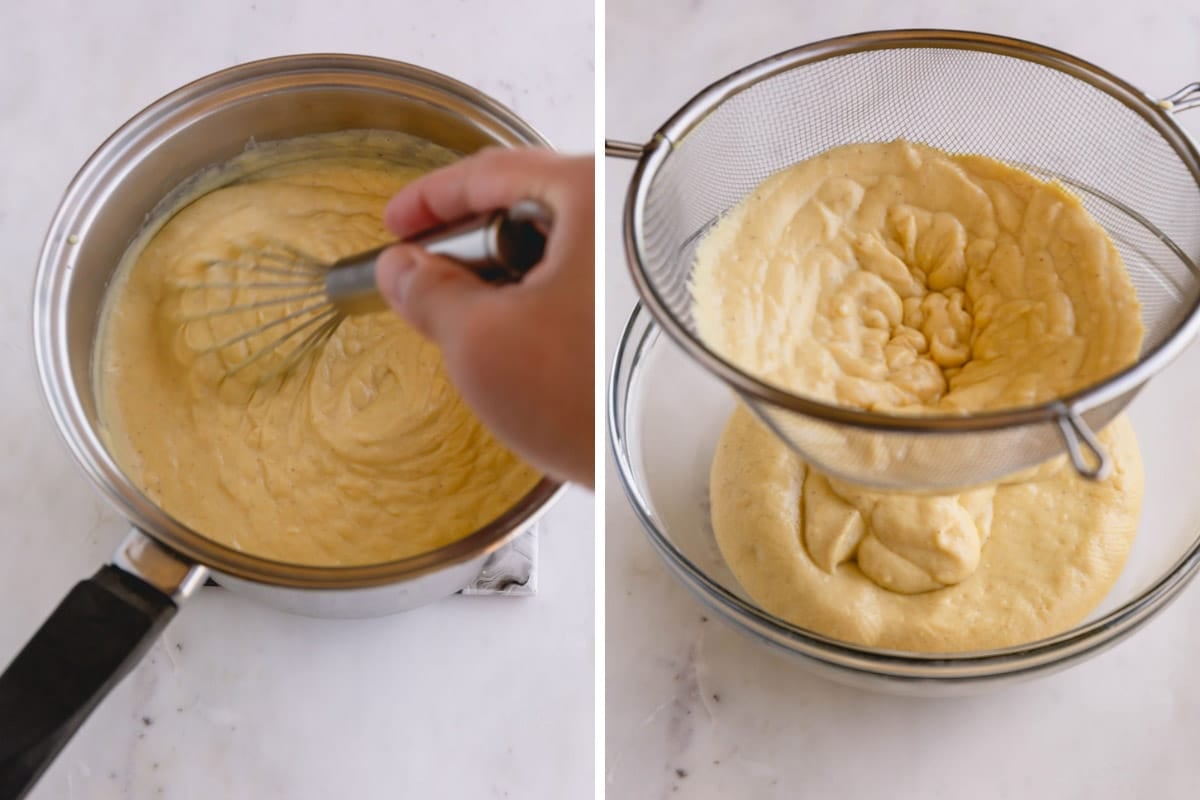 Vanilla pudding being strained through a fine mesh sieve.