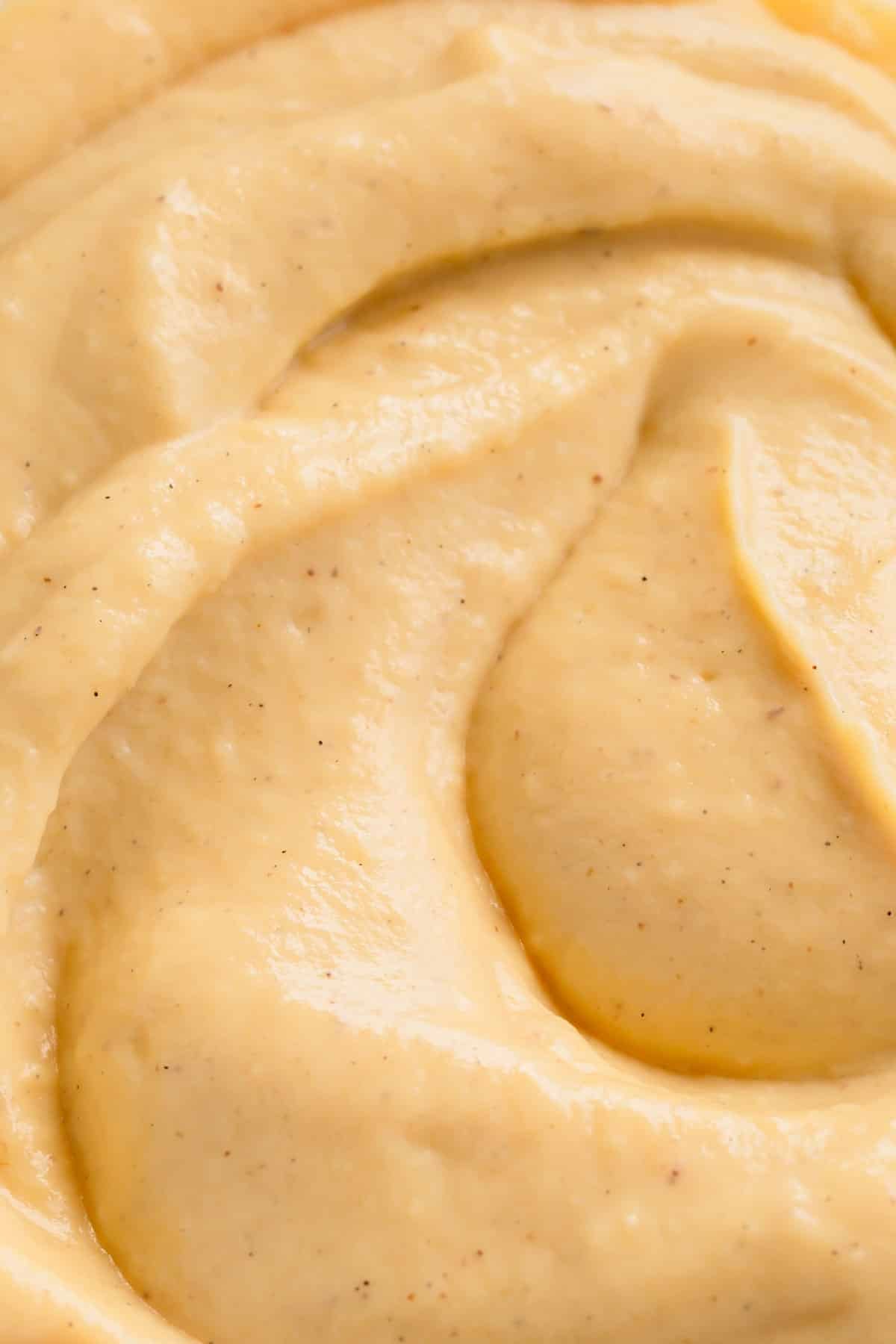 Close up view of homemade vanilla pudding.