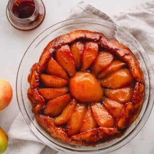 Overhead image of a pear tarte tatin.