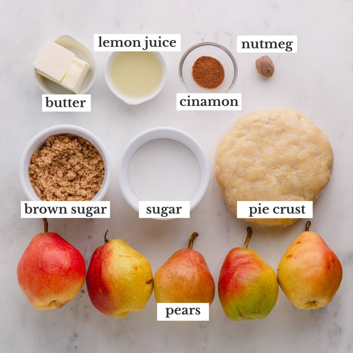 Ingredients to make pear tarte tatin.