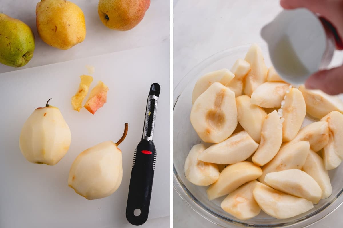 Pears being peeled and them sprinkled with lemon juice.