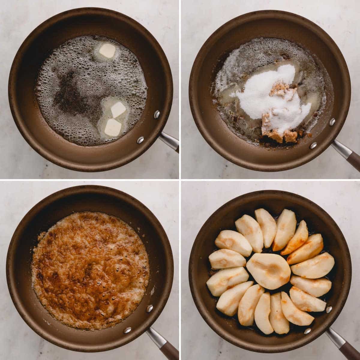 Four images showing the process of caramelizing pears.