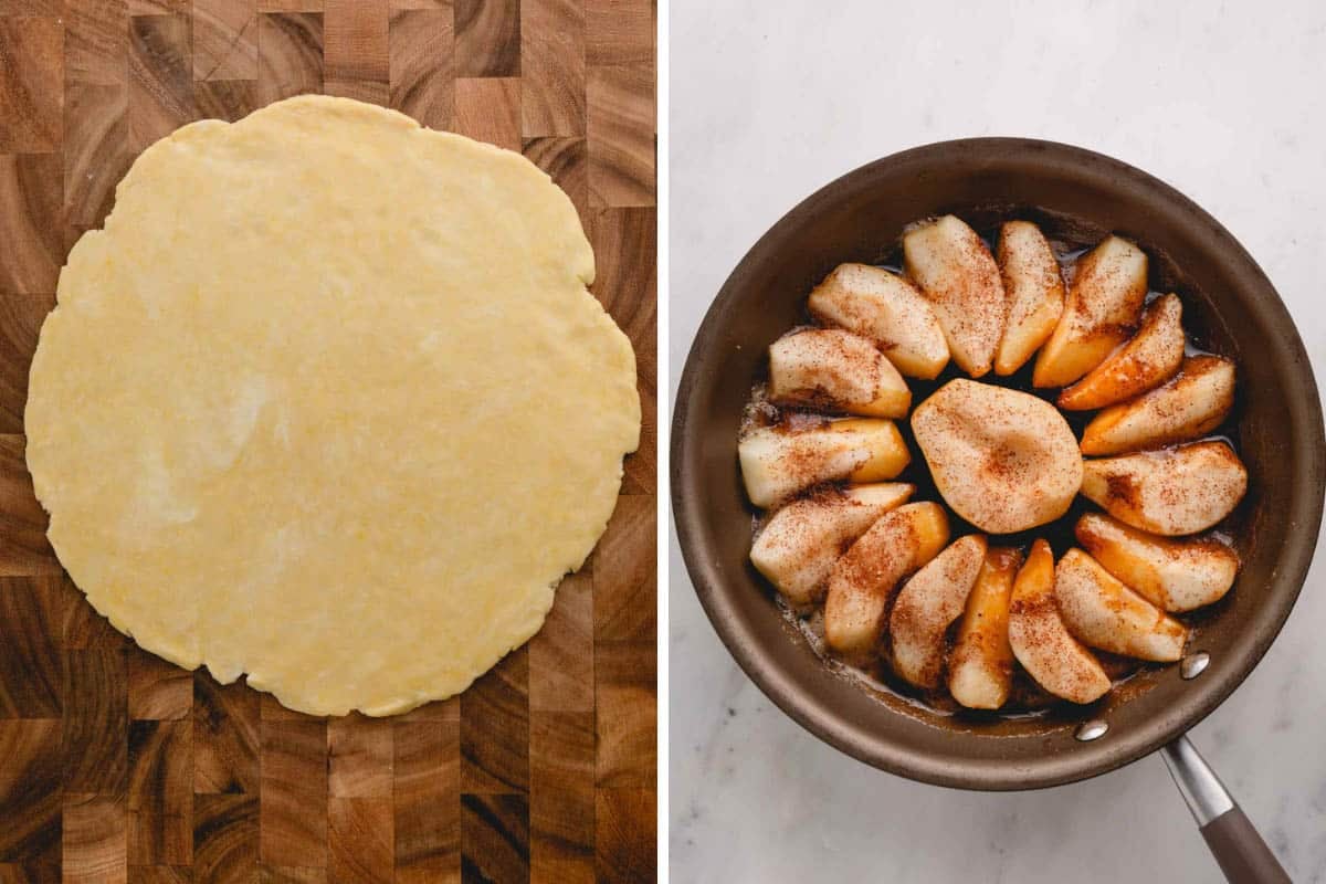 A rolled out pie dough and caramelized pears in a skillet.