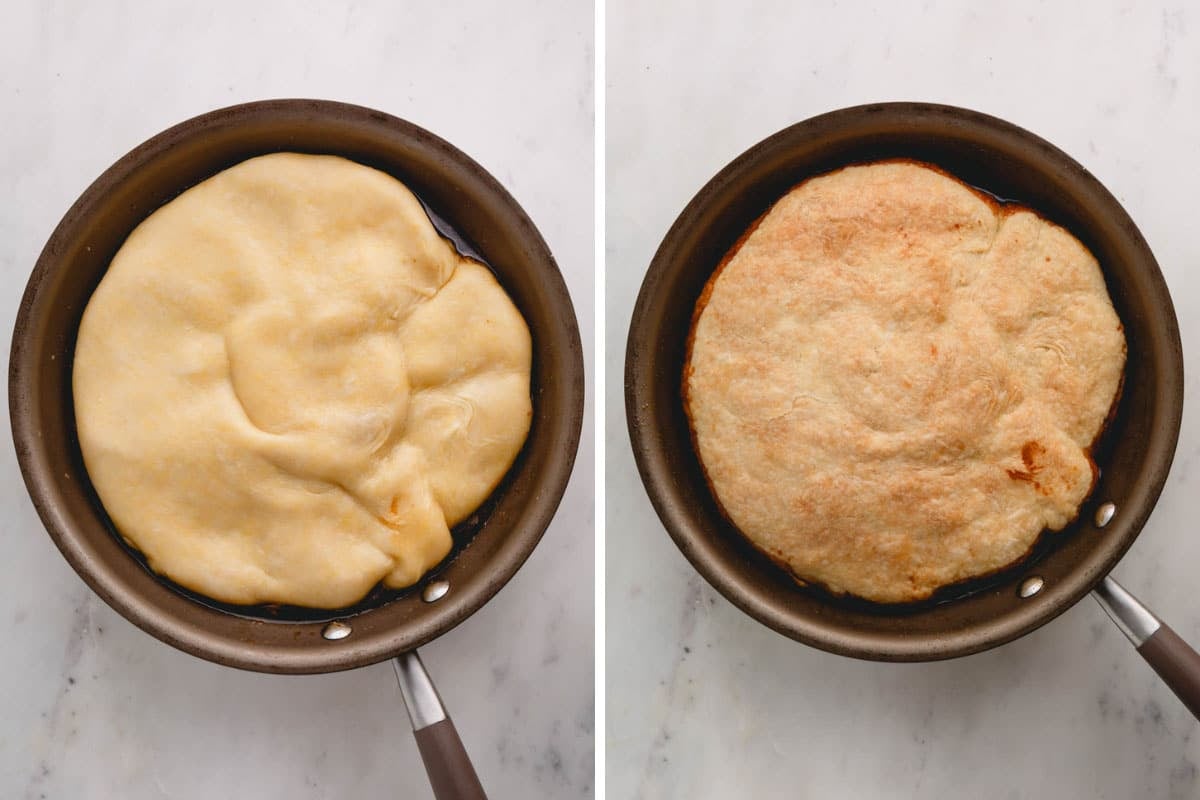 A pie crust over pears in a skillet uncooked on the left and cooked on the right.