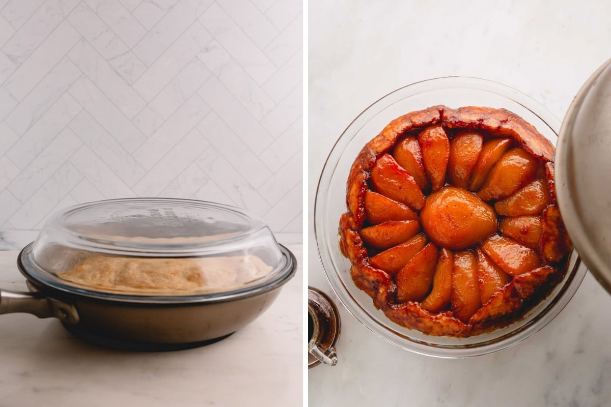 A pear tarte tatin (French pear pie) being inverted from a skillet into a glass baking dish.