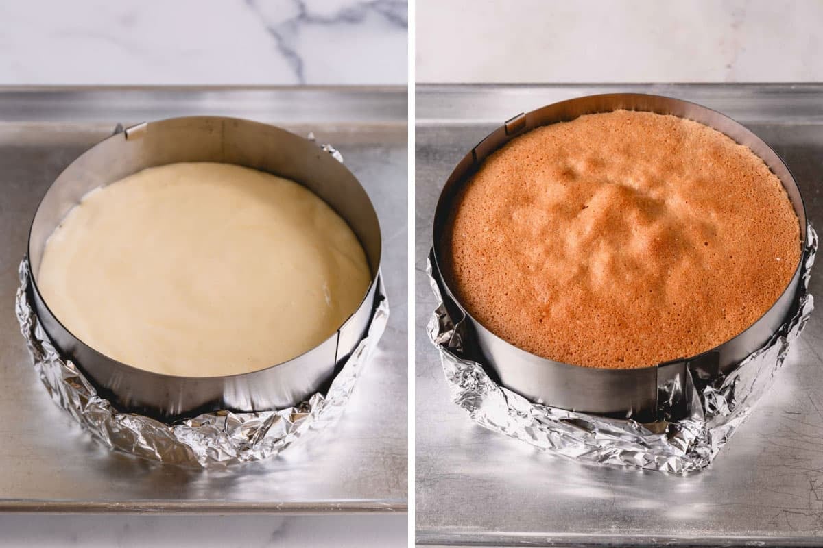 Side by side images of sponge cake in a round cake pan before and after baking.