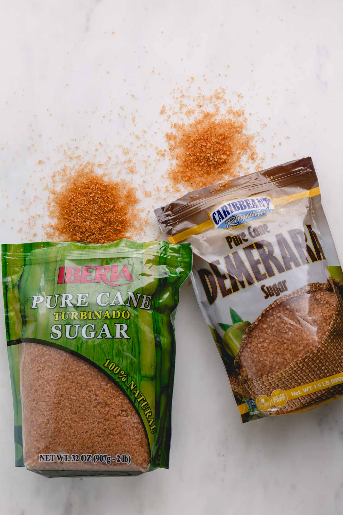 Bags of pure cane sugar and demerara sugar.