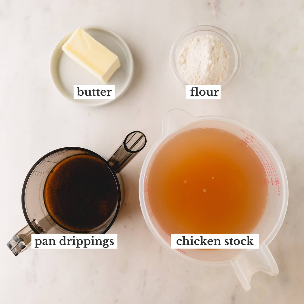 Butter, flour, chicken stock, and pan drippings to make turkey gravy.