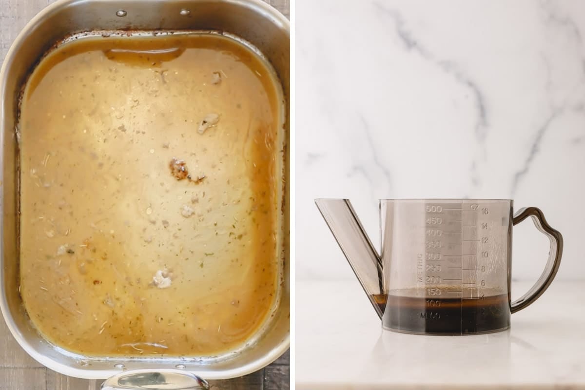 Turkey drippings in a pan and transferred to a measuring cup with a spout.