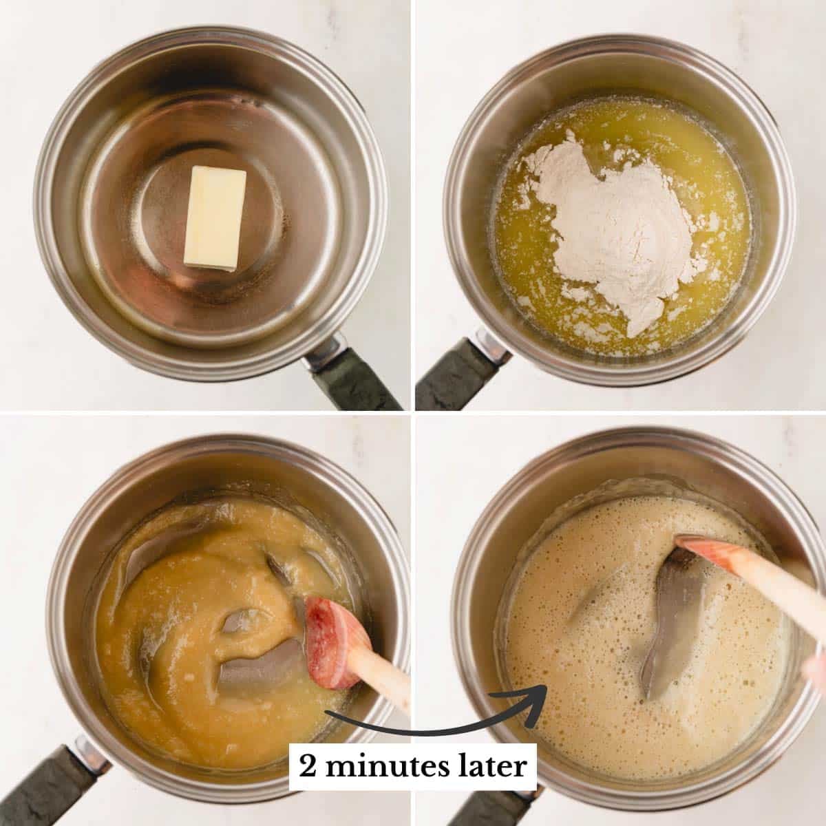 Four images showing the process of creating a roux for gravy.