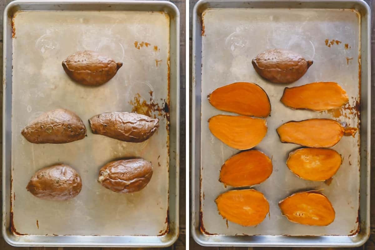 Side by side images of 5 whole and sliced in half baked sweet potatoes on a baking sheet.