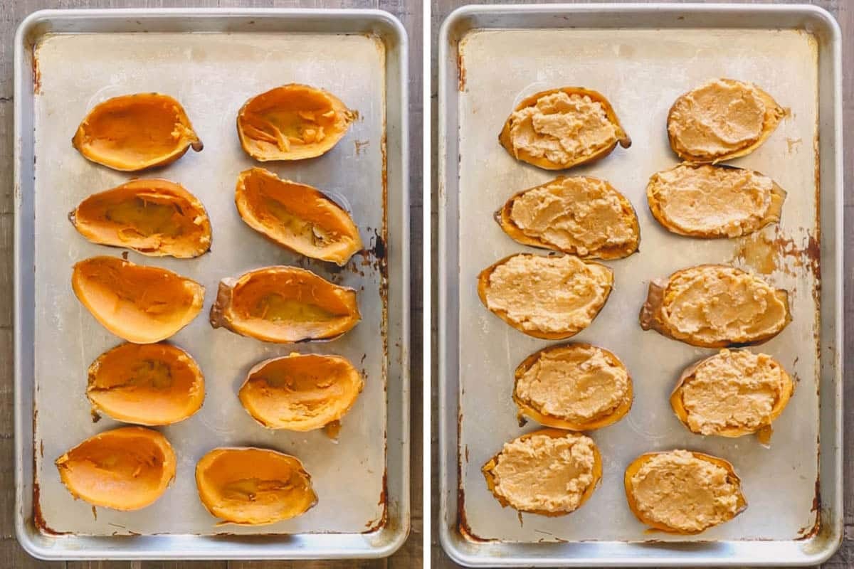 Filling the sweet potato skins with the smashed sweet potato filling.