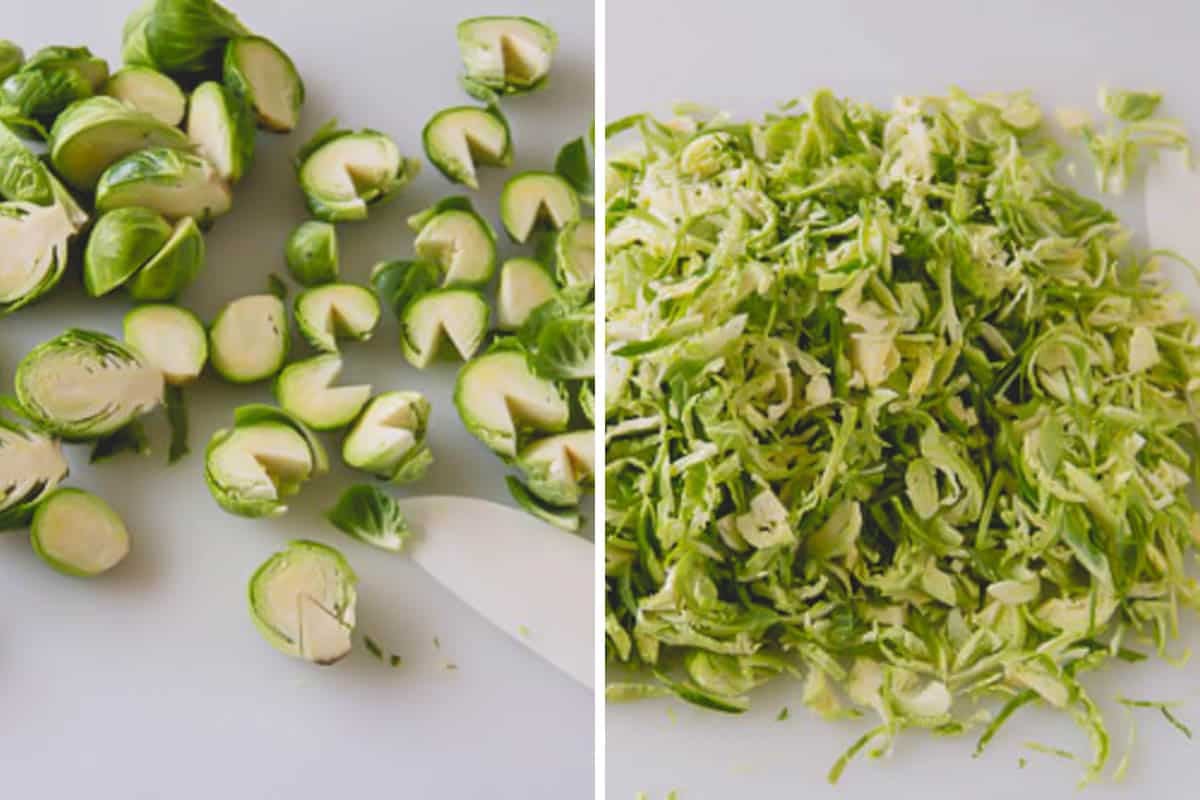 Side by side images of cored and thinly sliced brussels sprouts.