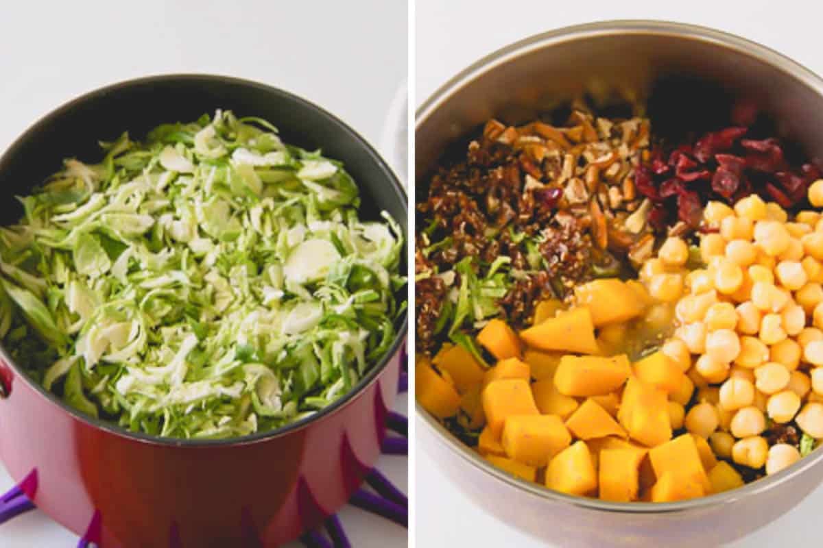 Side by side images of thinly sliced brussels sprouts in a pot of quinoa and a bowl of salad ingredients.