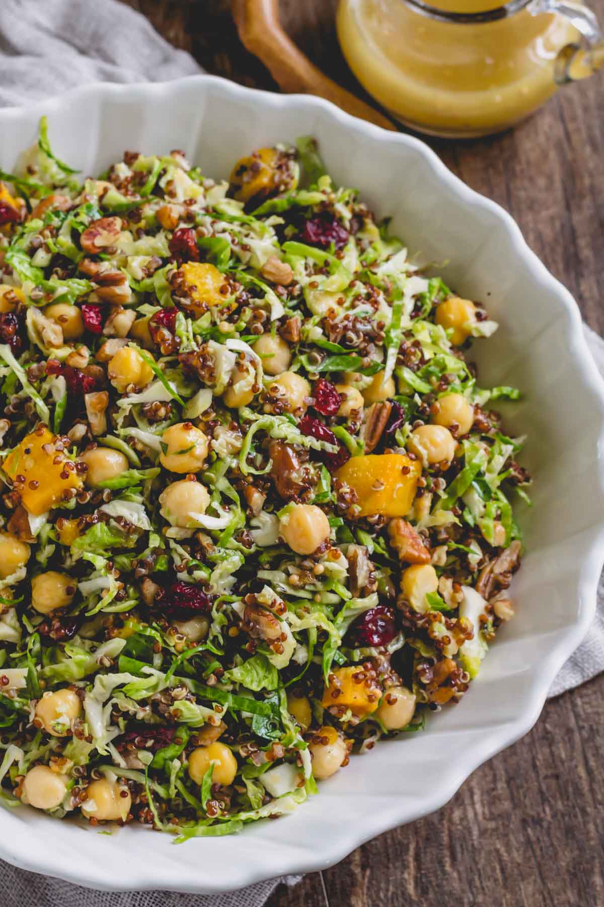 Overhead image of a bowl of warm quinoa Brussels sprouts salad.