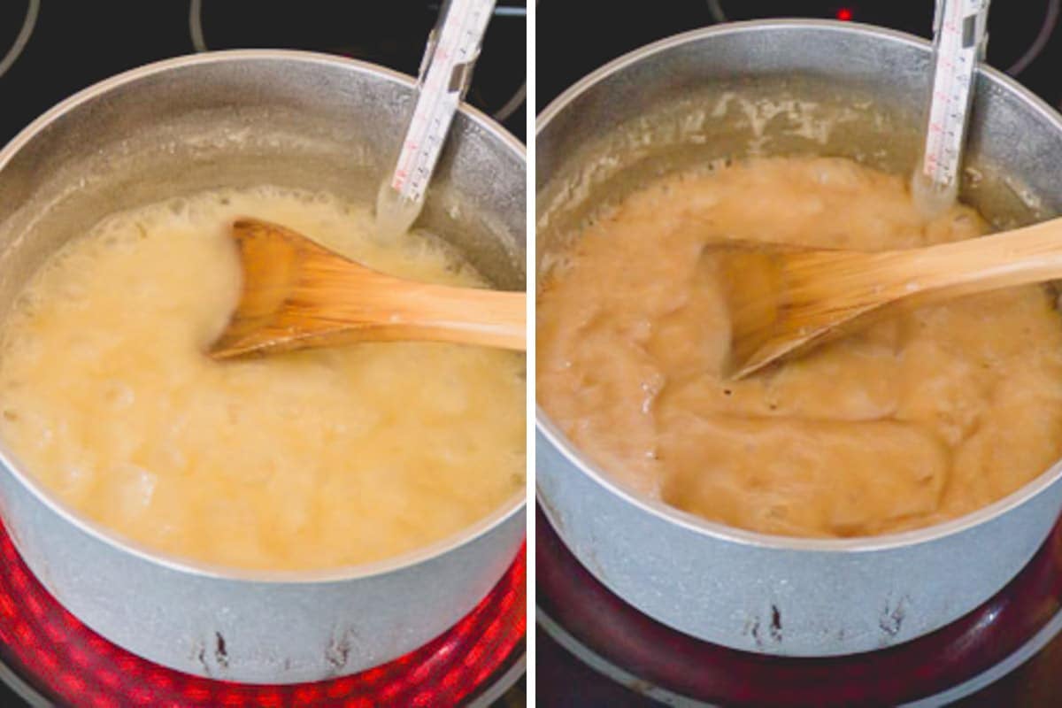 Caramel being cooked in a pot on the stove with a wooden spoon.