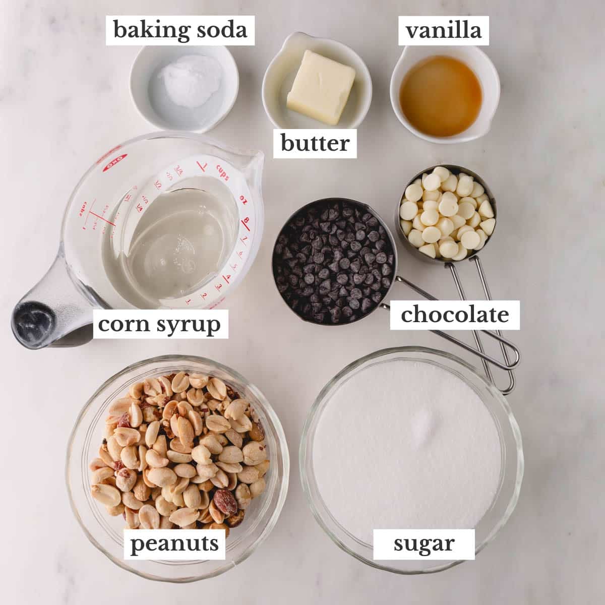Ingredients to make chocolate peanut brittle.
