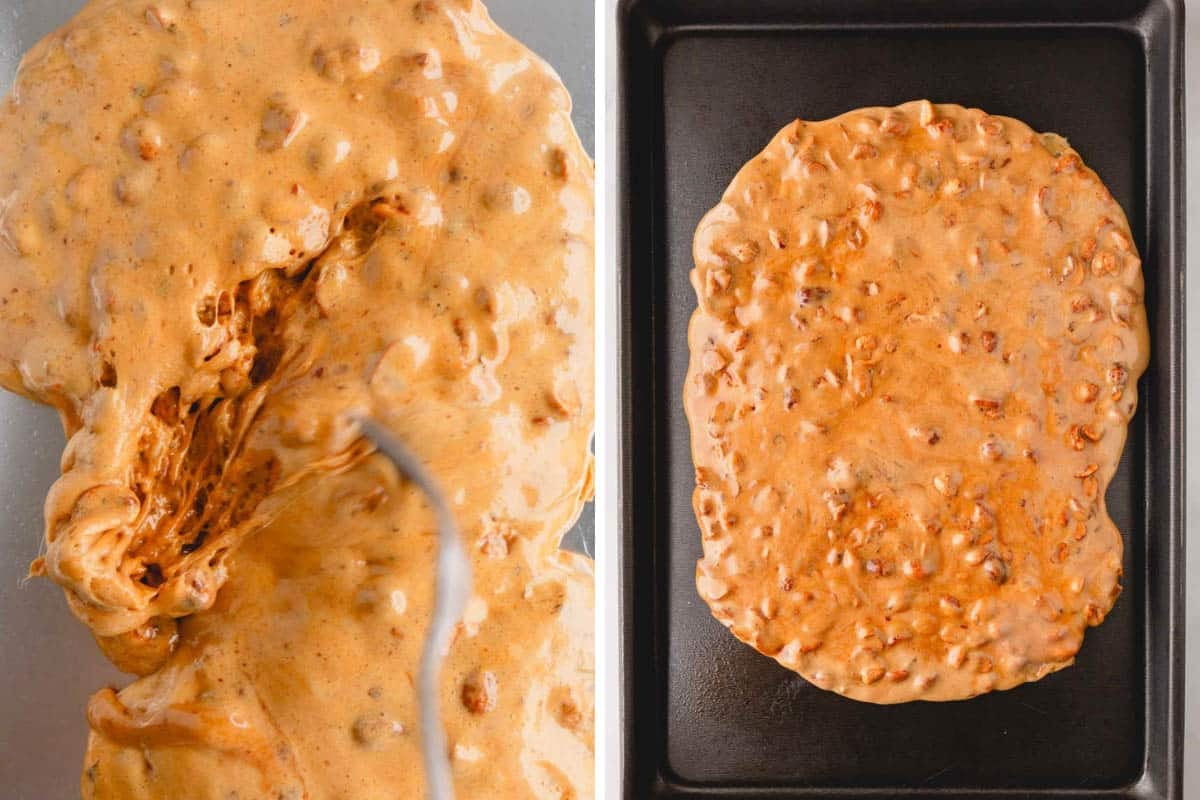 Peanut brittle being spread on a baking sheet.