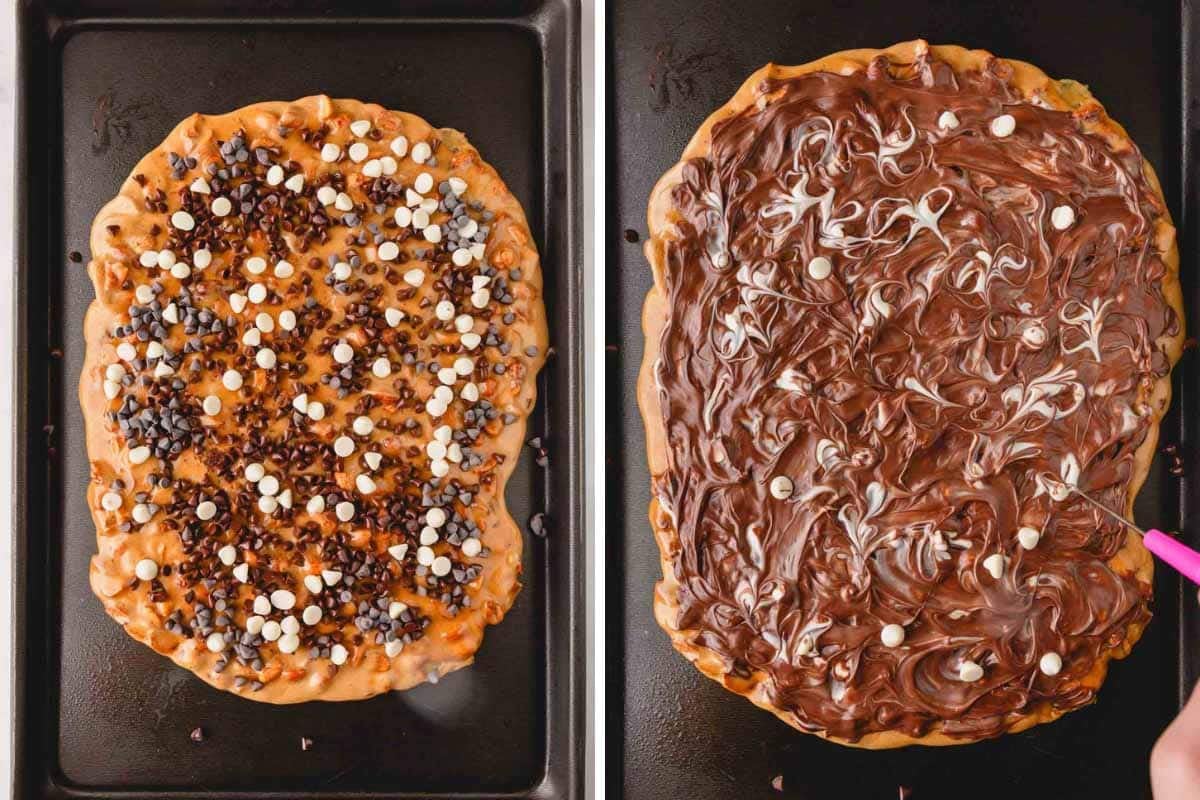 Two images showing the process of topping peanut brittle with chocolate.