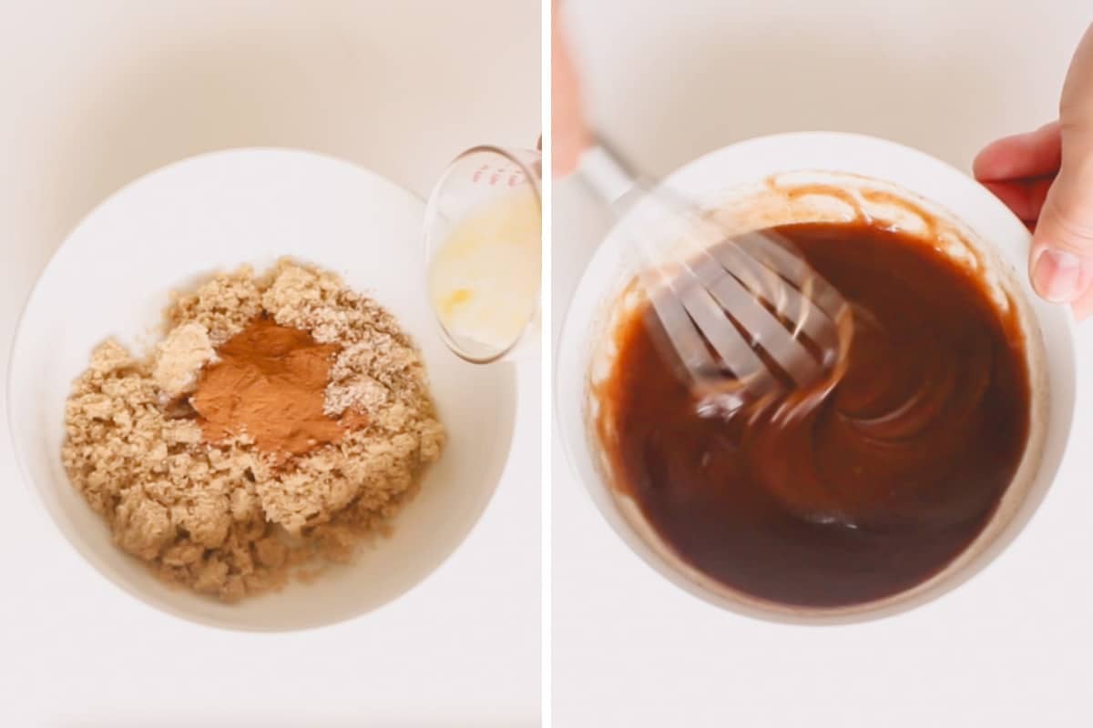 Brown sugar and spices in a bowl, and the mixture being whisked with butter.