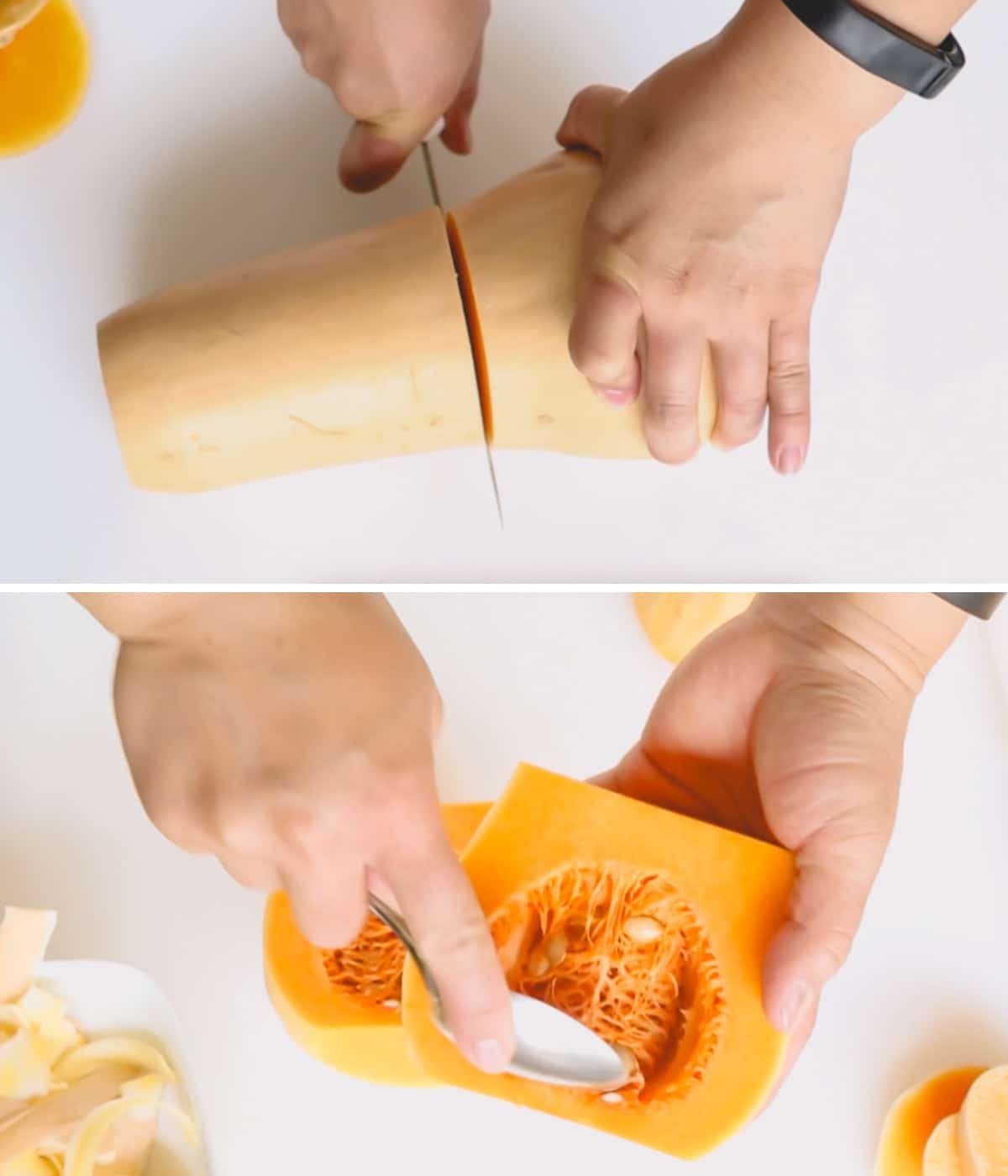 A butternut squash being sliced and the seeds removed.