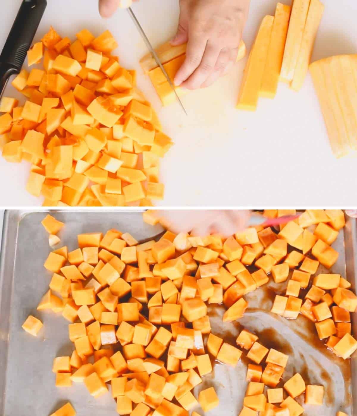 A butternut squash being cut into cubes and tossed with a butter mixture.