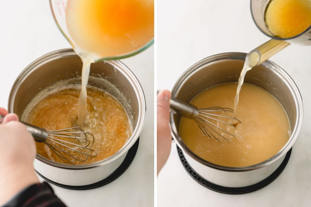 Side by side images of pouring chicken stock and turkey dripping into the roux and whisking.