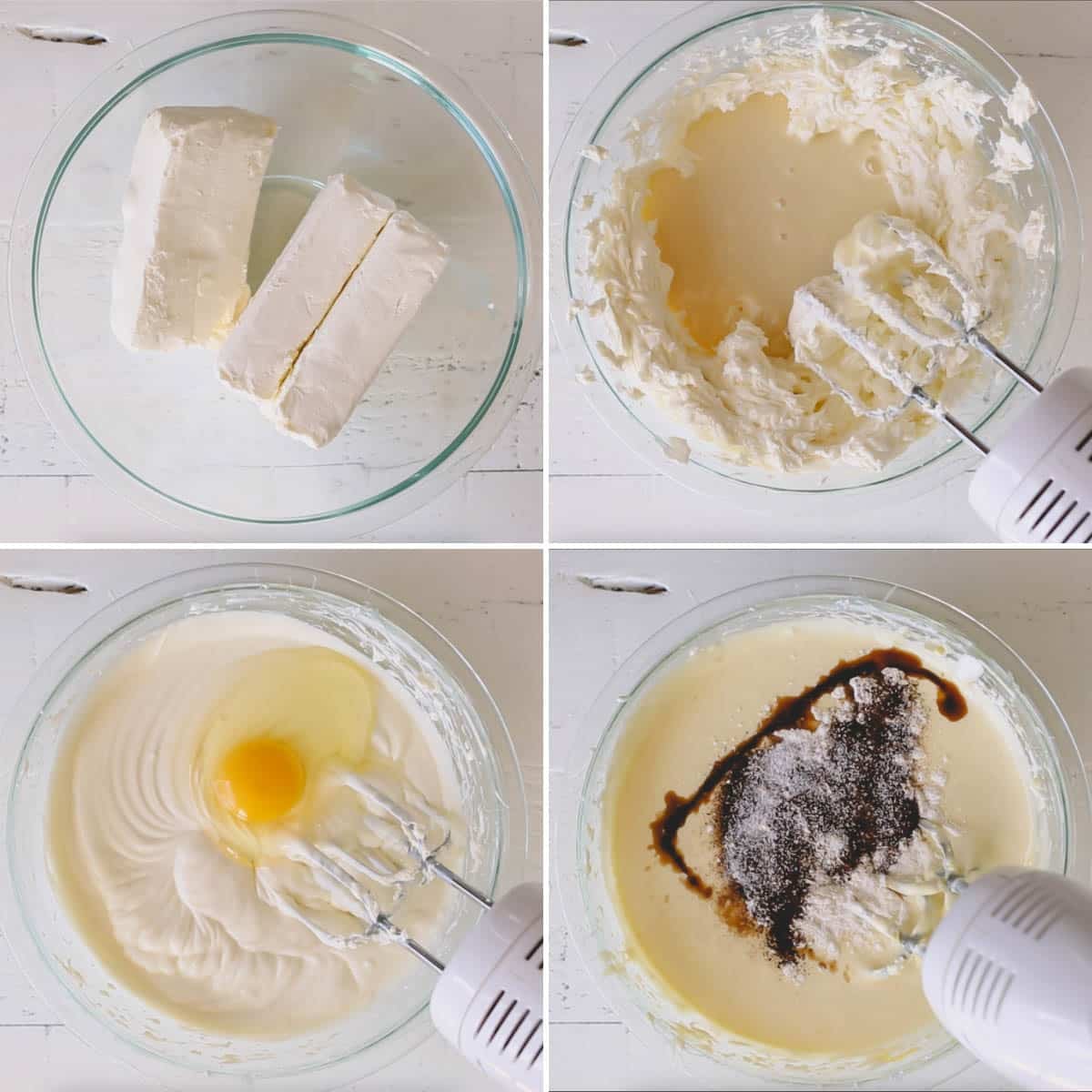 Four images showing the process of making a supreme chocolate cheesecake batter. 