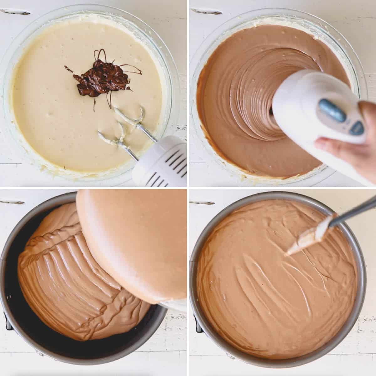 Chocolate cheesecake filling being poured into a crust. 