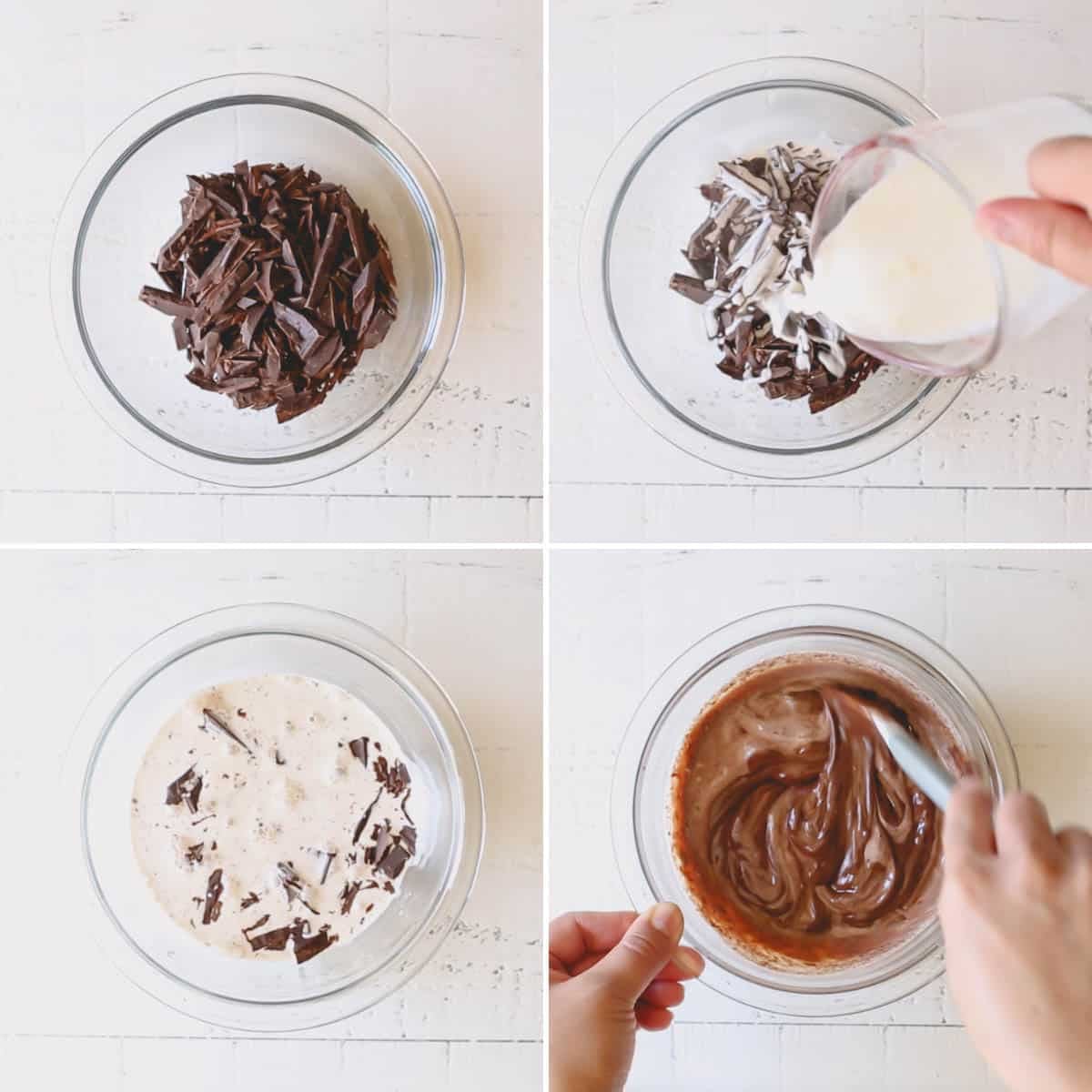 Chocolate chips being combined with cream to make ganache. 