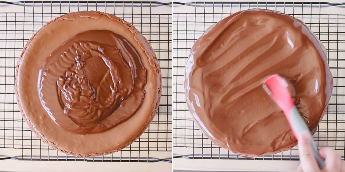 Chocolate ganache being spread over a supreme chocolate cheesecake.