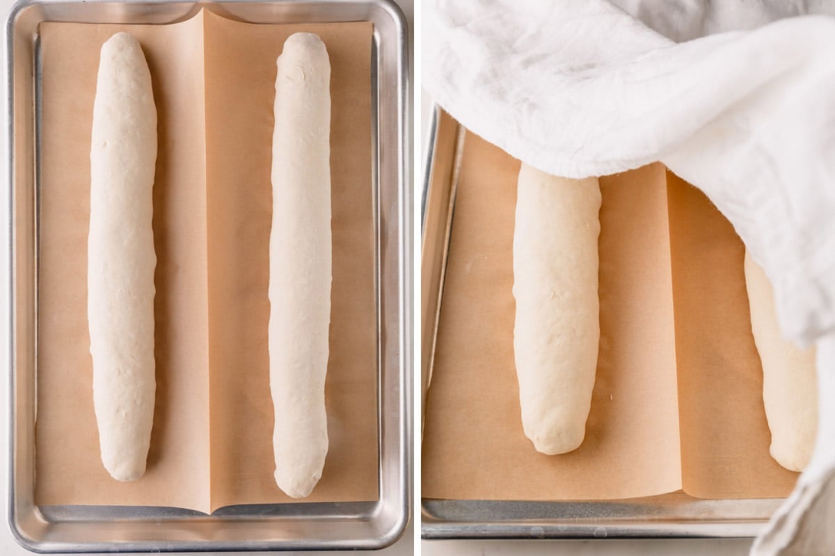 French bread baguettes proofing on a baking sheet.