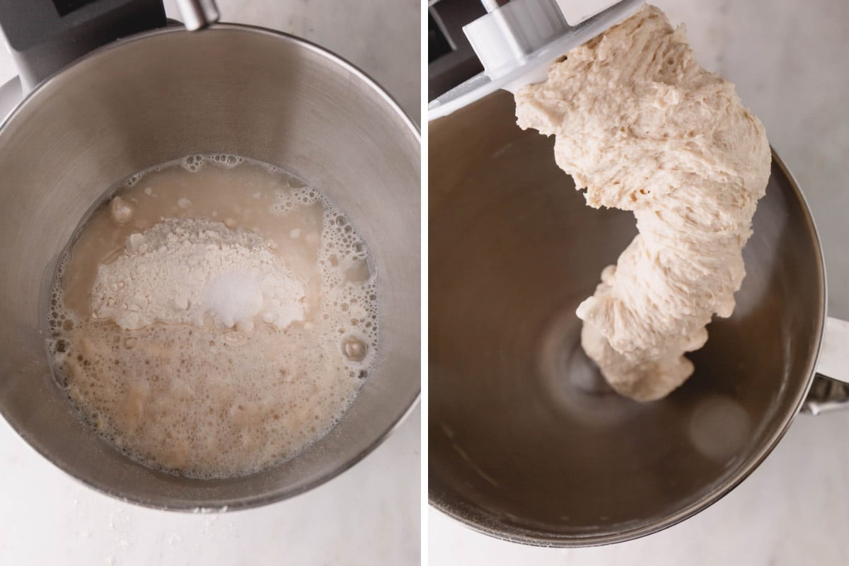 The process of forming French bread dough with a stand mixer.