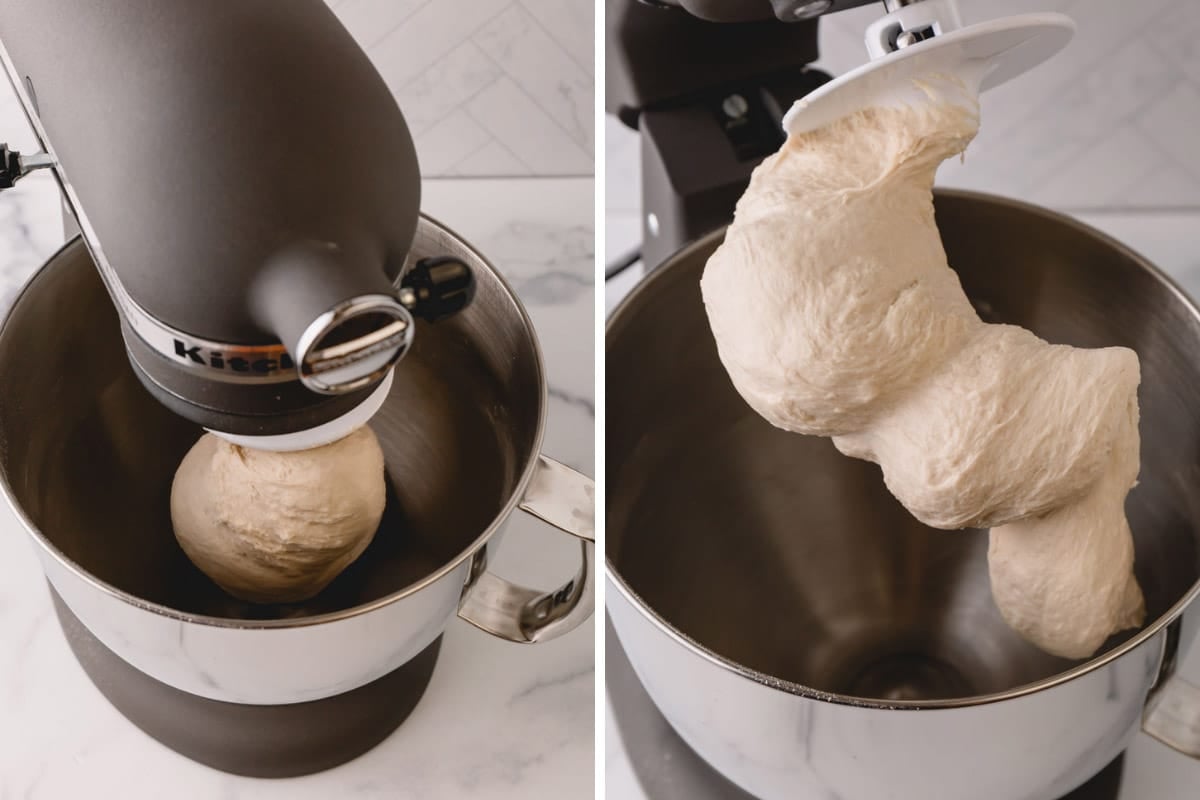 French bread dough being kneaded with a stand mixer.