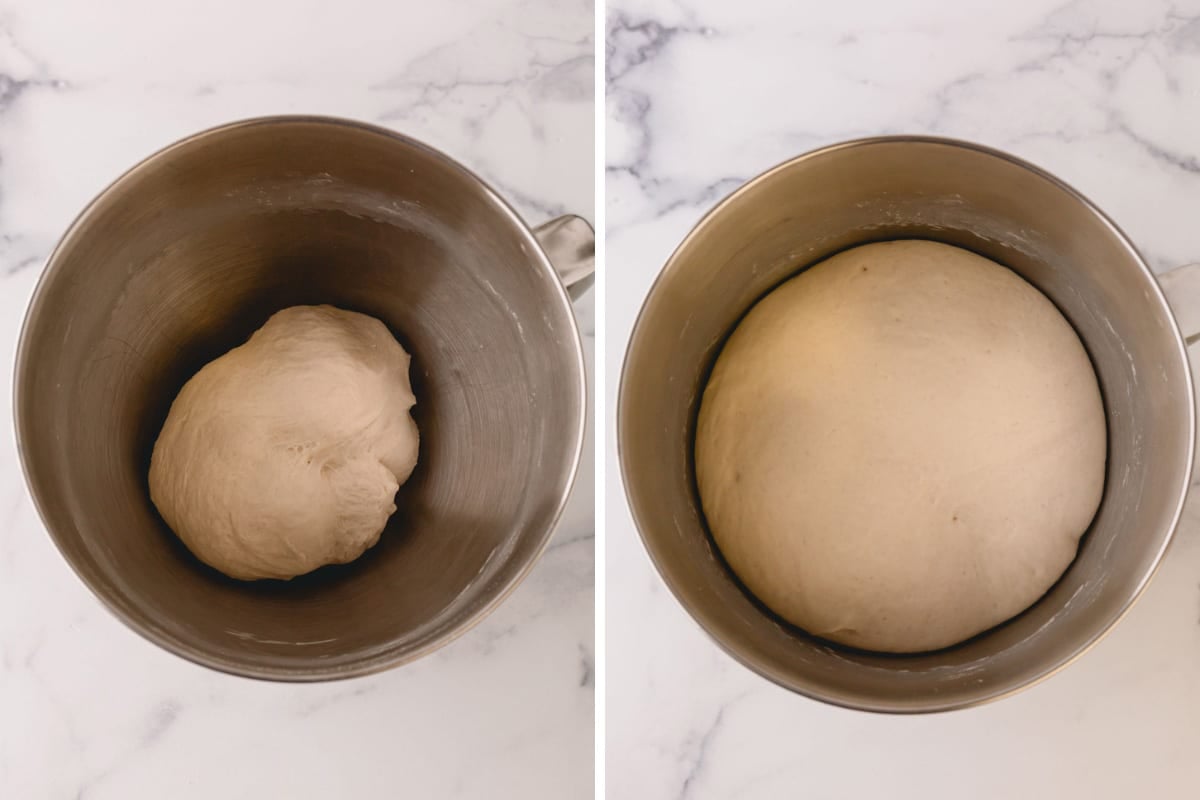French bread dough proofing in a bowl.