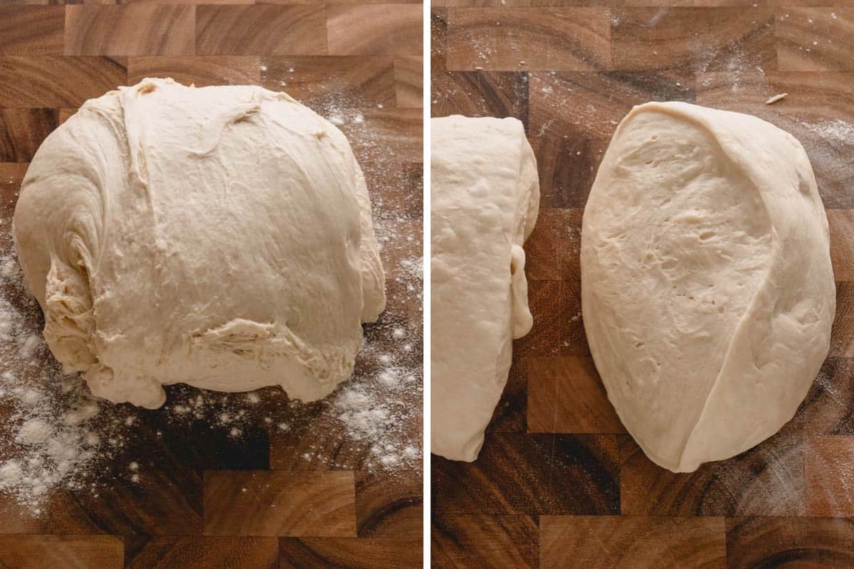 French bread dough being shaped on a cutting board.