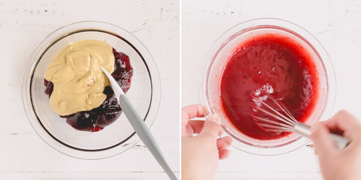 Side by side images of mustard and jam in a bowl and mixture being whisked.
