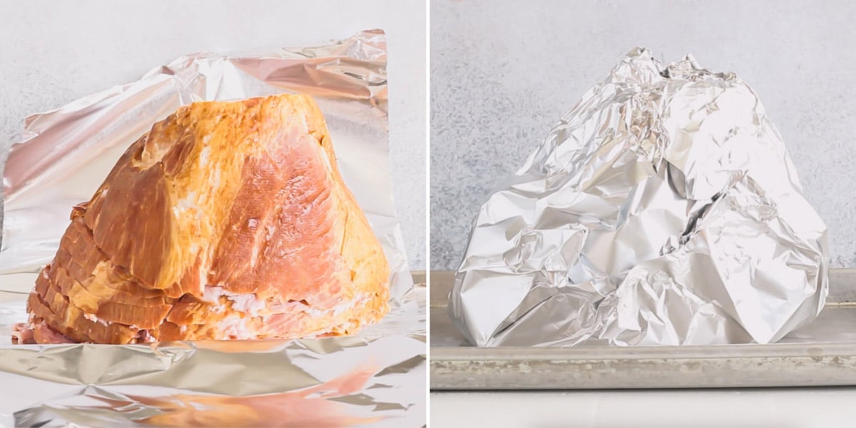 2 side by side images of a spiral ham on 2 sheets of foil and ham wrapped in foil.
