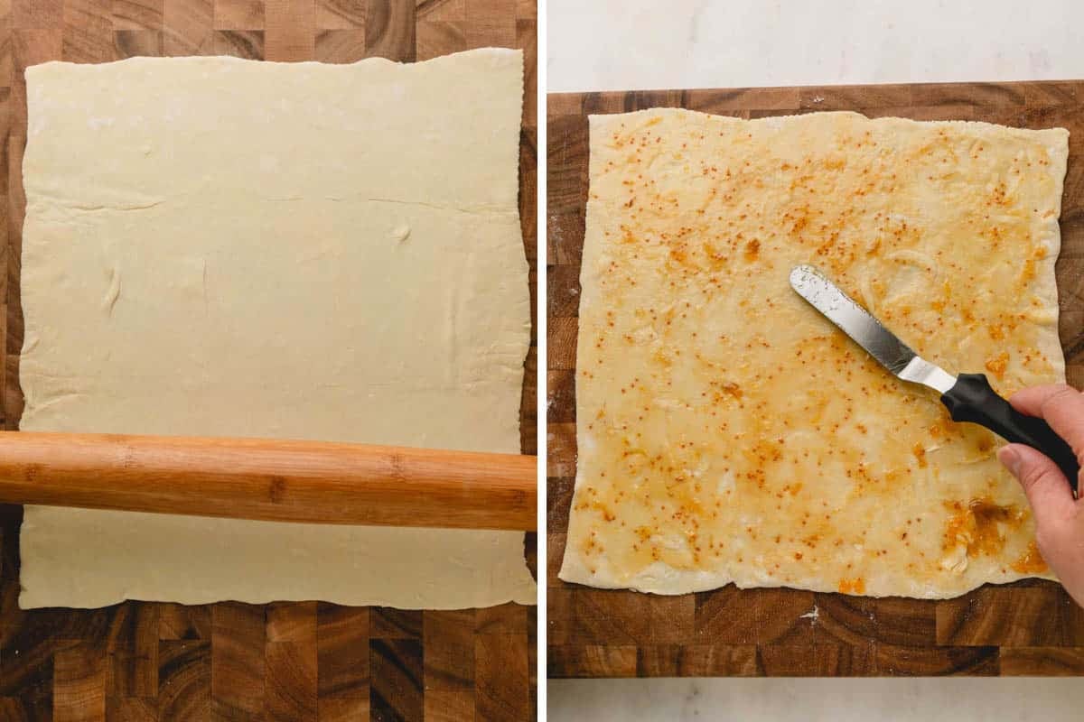 Puff pastry dough being rolled out and topped with apricot jam.
